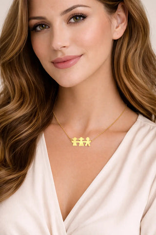 18K Solid Yellow Gold Two Girls and a Boy Pendant Necklace
