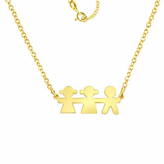 18K Solid Yellow Gold Two Girls and a Boy Pendant Necklace