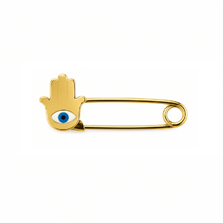 18K Solid Yellow Gold Enamel Hamsa Hand Evil Eye Safety Pin