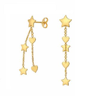 18K Solid Yellow Gold Stars and Hearts Dangle Long Earrings