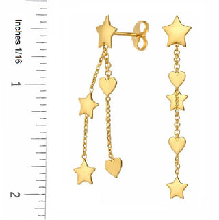 18K Solid Yellow Gold Stars and Hearts Dangle Long Earrings
