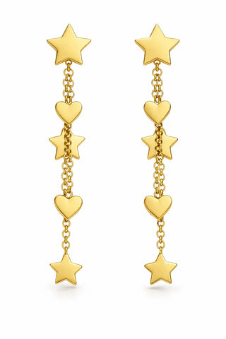 18K Solid Yellow Gold Stars and Hearts Dangle Long Earrings