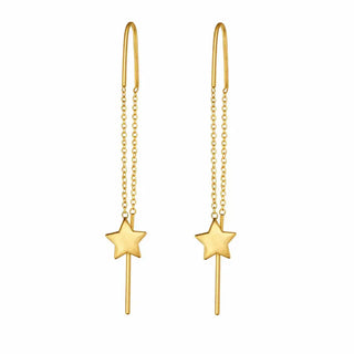 18K Solid Yellow Gold Thread and Tube Star Dangle Earrings