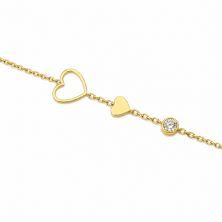 18K Solid Yellow Gold Zirconia and Hearts In Line Bracelet