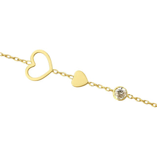 18K Solid Yellow Gold Zirconia and Hearts In Line Bracelet