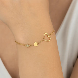 18K Solid Yellow Gold Zirconia and Hearts In Line Bracelet
