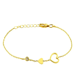 18K Solid Yellow Gold Zirconia and Hearts In Line Bracelet
