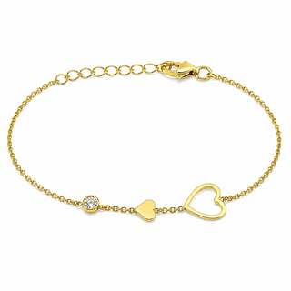 18K Solid Yellow Gold Zirconia and Hearts In Line Bracelet