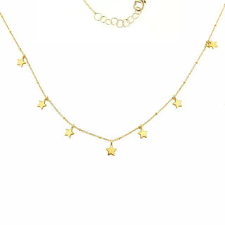 18K Yellow Gold Seven Dangling Mini Stars Bead Chain Necklace