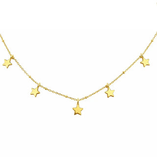 18K Yellow Gold Seven Dangling Mini Stars Bead Chain Necklace