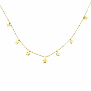 18K Yellow Gold Seven Dangling Mini Stars Bead Chain Necklace