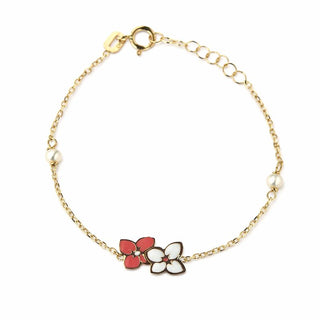 18K Solid Yellow Gold Enamel Flowers and Pearls Bracelet