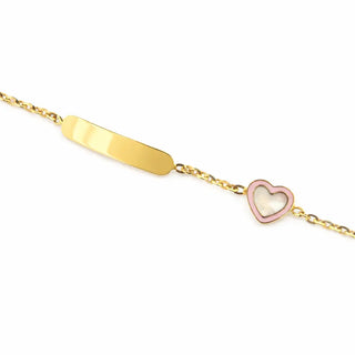 18K Yellow Gold Mother of Pearl Heart Pink ID Bracelet