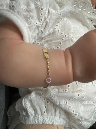 18K Yellow Gold Mother of Pearl Heart Pink ID Bracelet