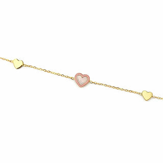 18K Yellow Gold Mother of Pearl Heart Pink Enamel Bracelet