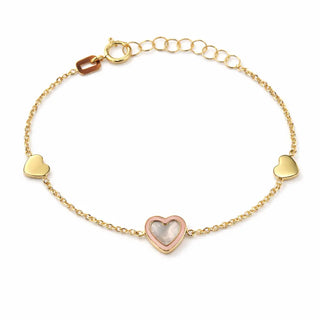 18K Yellow Gold Mother of Pearl Heart Pink Enamel Bracelet
