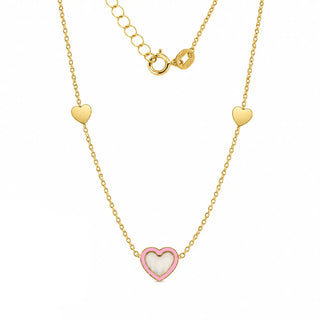 18K Yellow Gold Mother of Pearl Heart Pink Enamel Necklace
