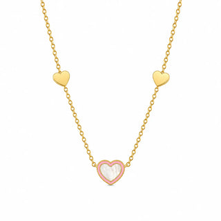 18K Yellow Gold Mother of Pearl Heart Pink Enamel Necklace