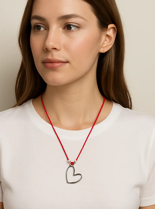 Sterling Silver Large Open Heart Pendant Red Cord Necklace