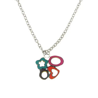 Sterling Silver Enamel Open Flower Heart and Oval Necklace