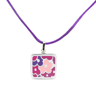 Sterling Silver Enamel Flowers Lavender Cord Necklace