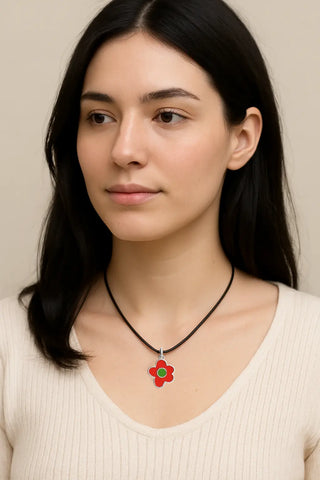 Sterling Silver Orange Enamel Flower Pendant Necklace