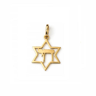 18K Yellow Gold Thin Star of David and Hebrew Chai Pendant