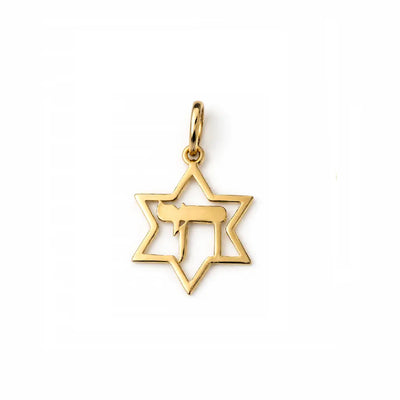 18K Yellow Gold Thin Star of David and Hebrew Chai Pendant