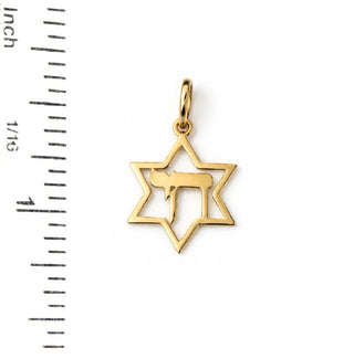 18K Yellow Gold Thin Star of David and Hebrew Chai Pendant