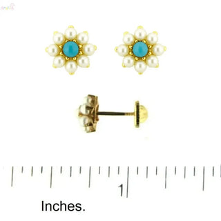 18K Yellow Gold Pearls and Turquoise Flower Screwback Earrings