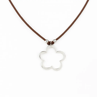 Sterling Silver Large Open Flower Pendant Brown Cord Necklace