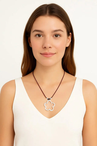 Sterling Silver Large Open Flower Pendant Brown Cord Necklace