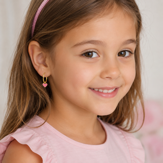 18K Yellow Gold Pink Dangle Heart Endless Hoop Earrings