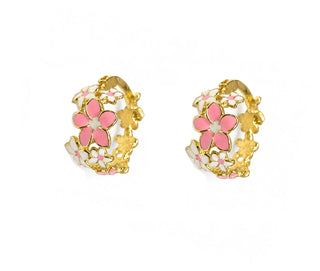 18K Soid Yellow Gold Pink Enamel Flower Hoops Earrings