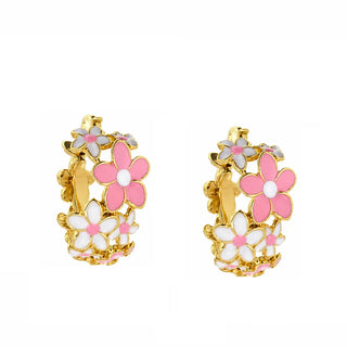 18K Soid Yellow Gold Pink Enamel Flower Hoops Earrings