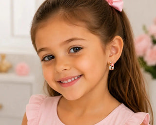 18K Soid Yellow Gold Pink Enamel Flower Hoops Earrings