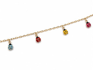 18K Solid Yellow Gold Multi Color Dangling Lady Bug Bracelet