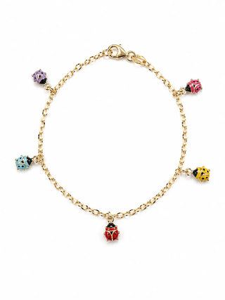 18K Solid Yellow Gold Multi Color Dangling Lady Bug Bracelet
