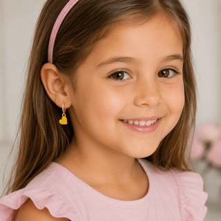 18k Yellow Gold Dangle Heart Hinged Hoop Huggie Earrings