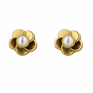 18K Yellow Gold Cultivated Pearl Flower Screwback Earrings