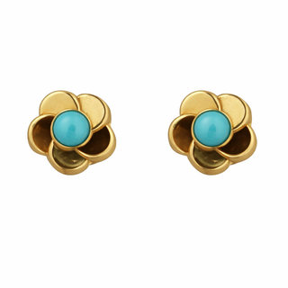 18K Gold Turquoise Flower Covered Screwback Earring