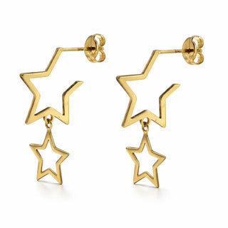 pr18K Solid Yellow Gold Double Open Dangling Stars Post Earrings