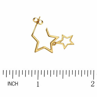 18K Solid Yellow Gold Double Open Dangling Stars Post Earrings