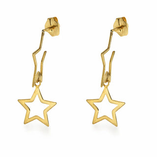 18K Solid Yellow Gold Double Open Dangling Stars Post Earrings