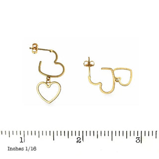 18K Solid Yellow Gold Double Open Dangling Heart Post Earrings