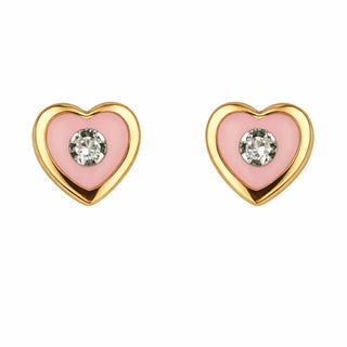 18K Gold Pink Enamel and Zirconia Heart Screwback Earrings