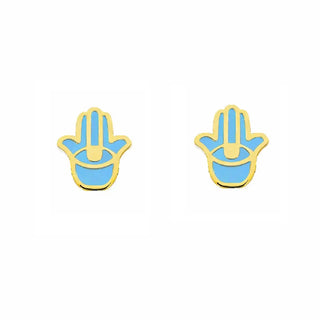 18K Solid Yellow Gold Turquoise Blue Hamsa Post Earrings
