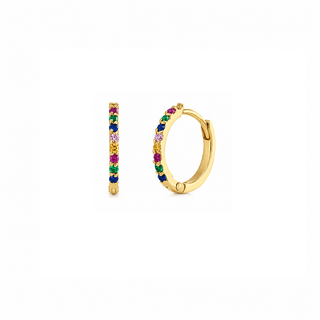 18K Yellow Gold Thin Multicolor Zirconia Huggie Earrings