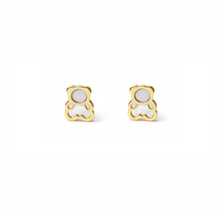 18K Yellow Gold Mother of Pearl Teddy Bear Screwback Earrings