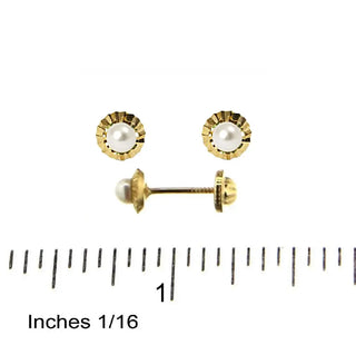 18K Yellow Gold Diamond Cut Bezel Pearl Screwback Earrings